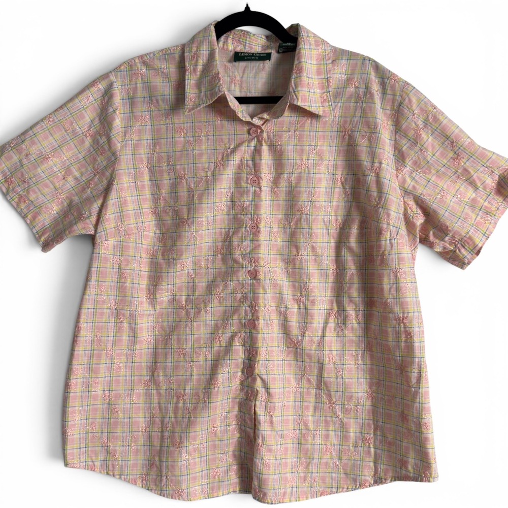 Lemon Grass Studio Button Up Pink Plaid Floral Women 1X Cottagecore Embroidered